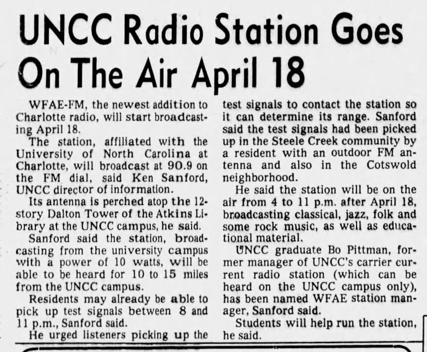 WFAE newspaper article